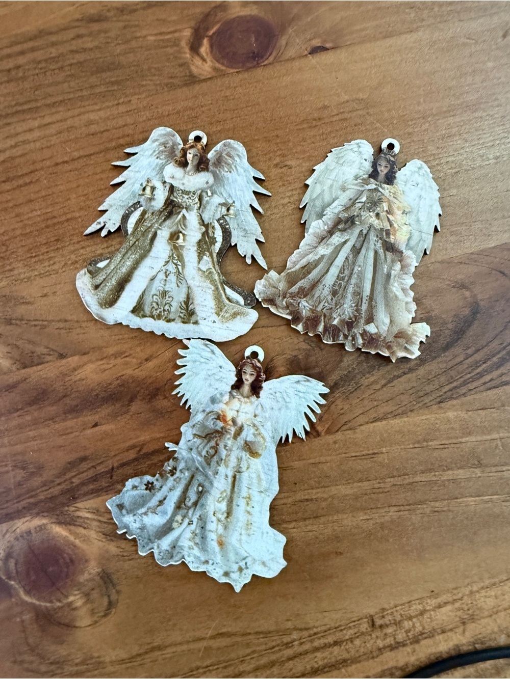 Ornate White and Gold Angel Hanging Ornaments - Set of 3 cardboard wooden
